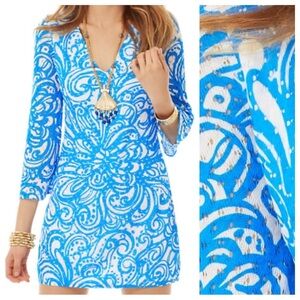 Lilly Pulitzer Dress V-Neck Paisley Print Resort Crochet Tunic Blue Large EUC